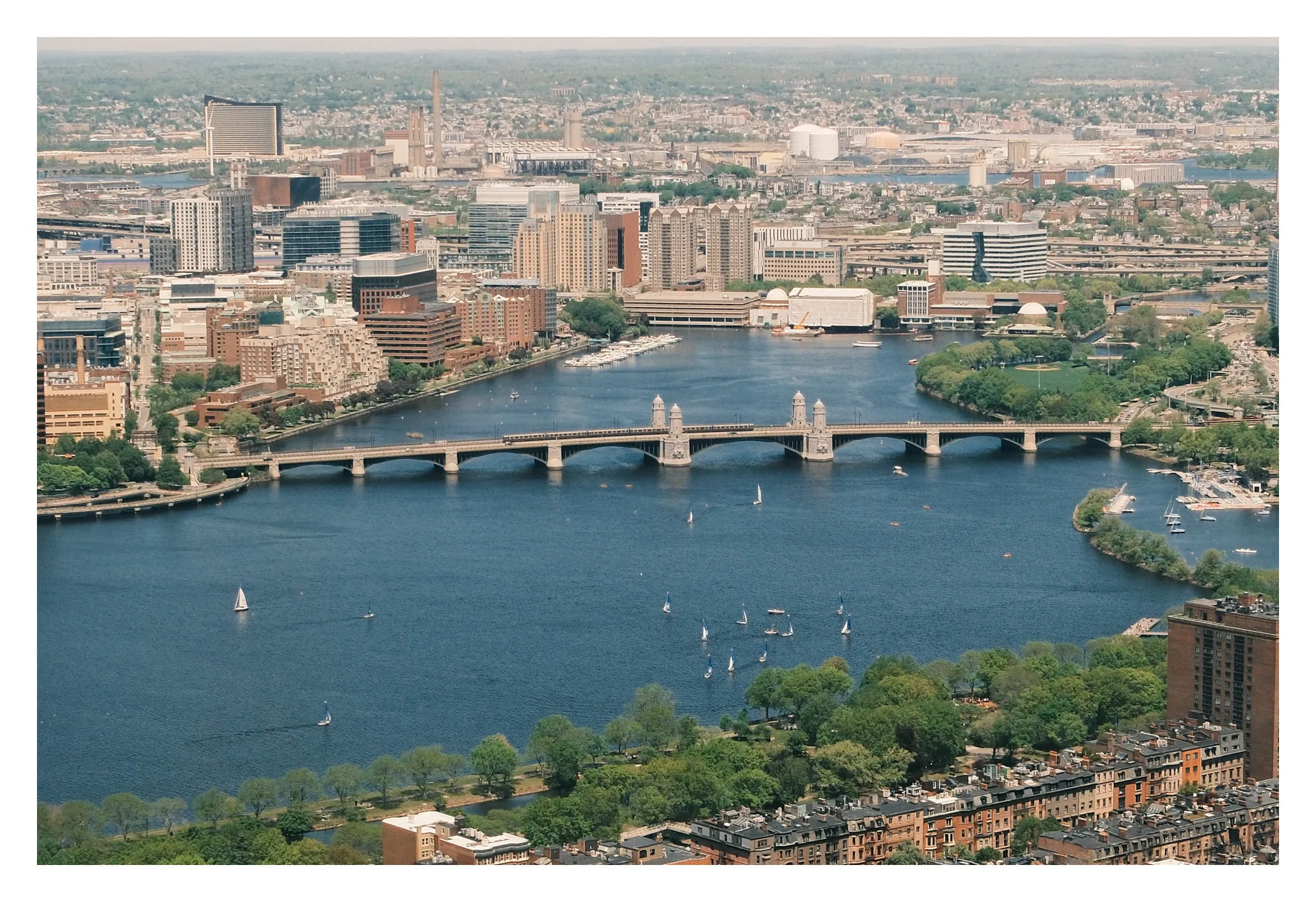 The river bending through the city, bridges and all.