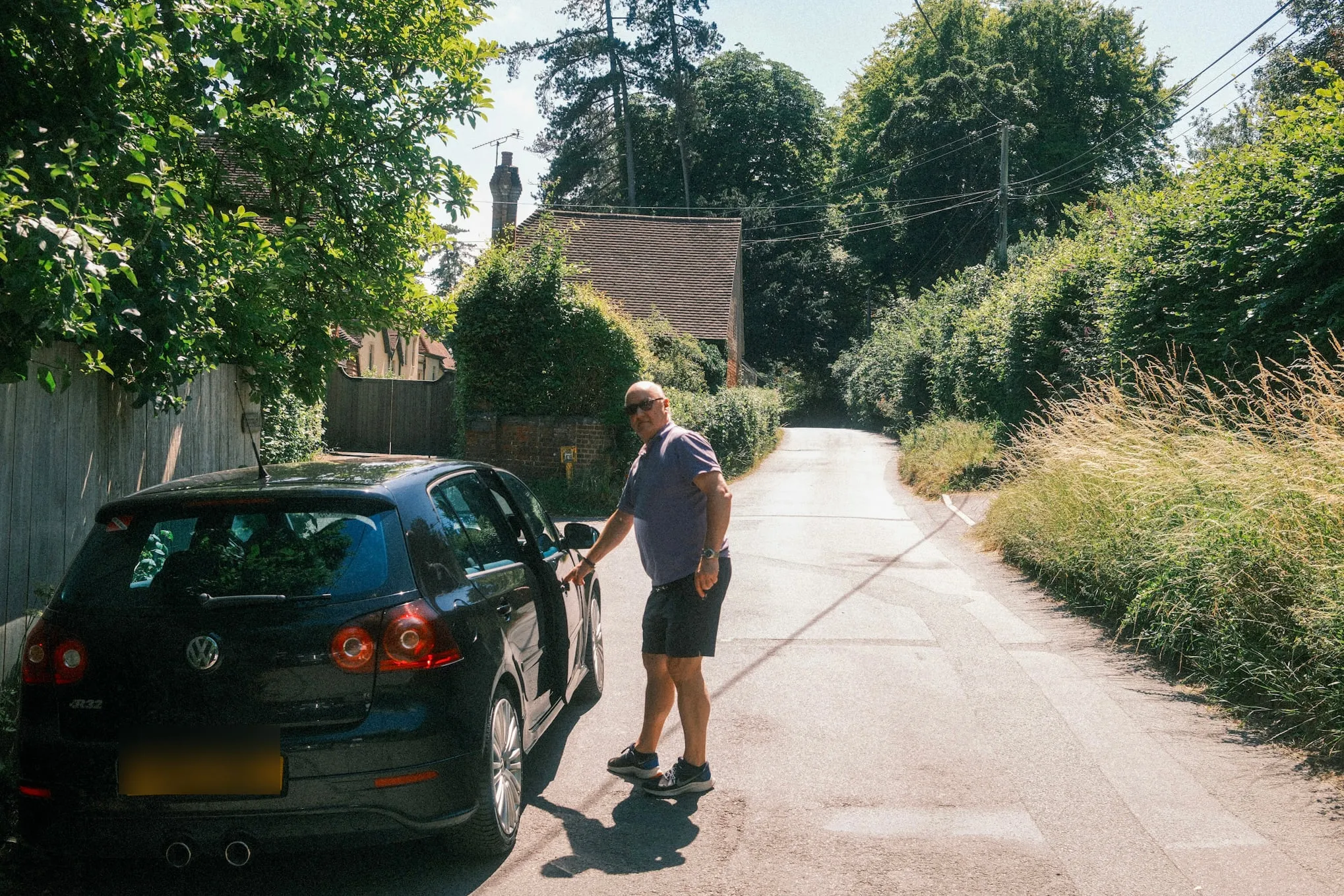 Pulled up on a lane on a hot afternoon.